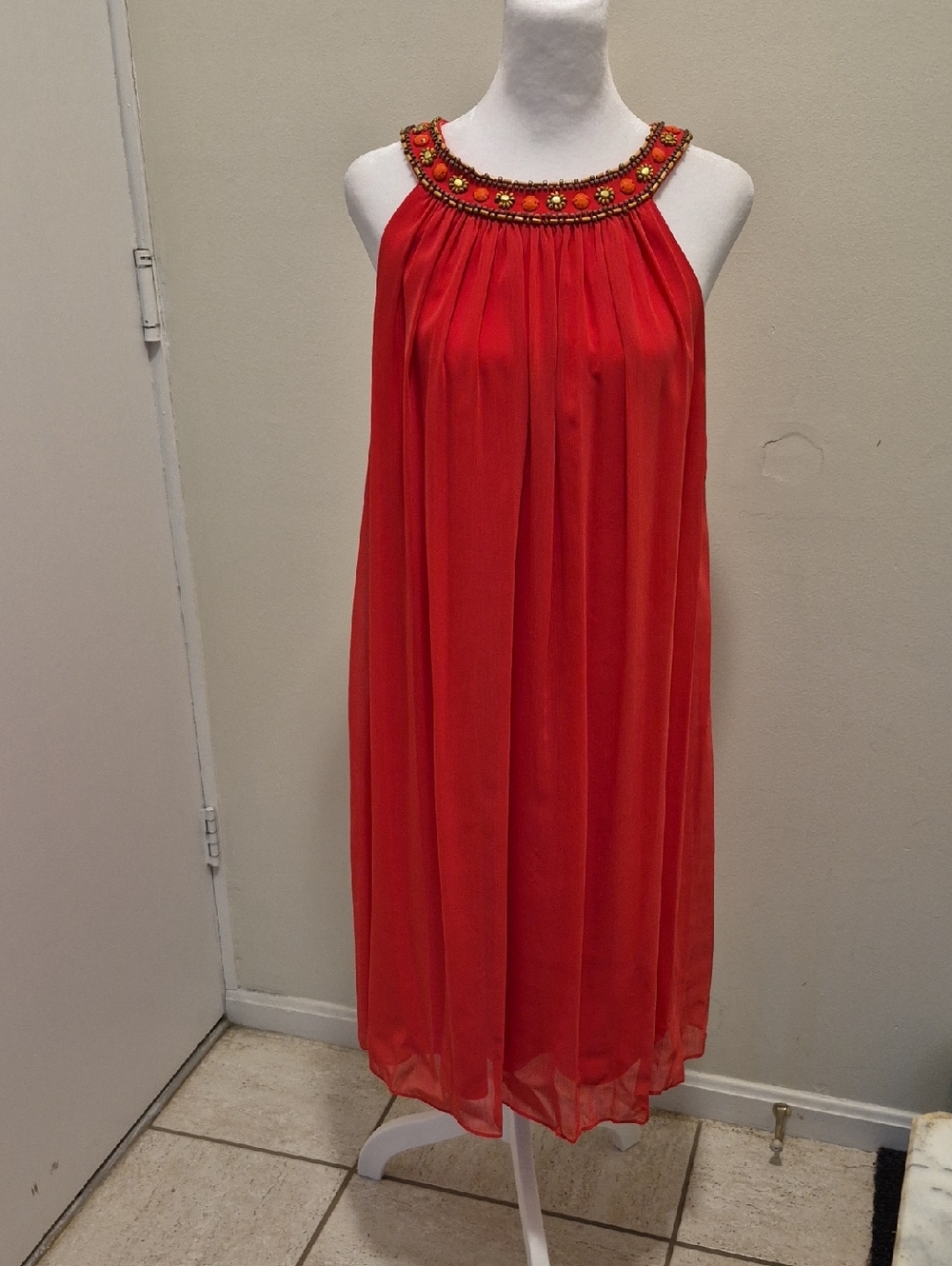 Jessica Howard Deep Coral Embellished Halter Midi Dress
